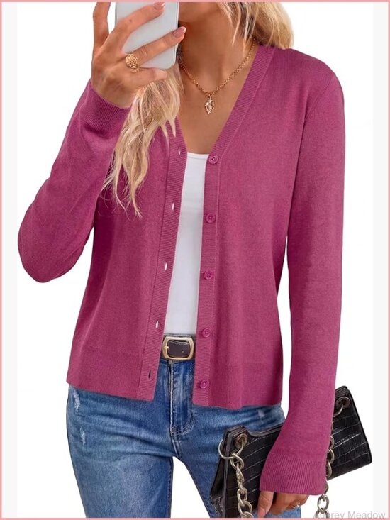 Sweaters - Wool Blend Lightweight Cardigan Sweater V-Neck Button Long Sleeve Office